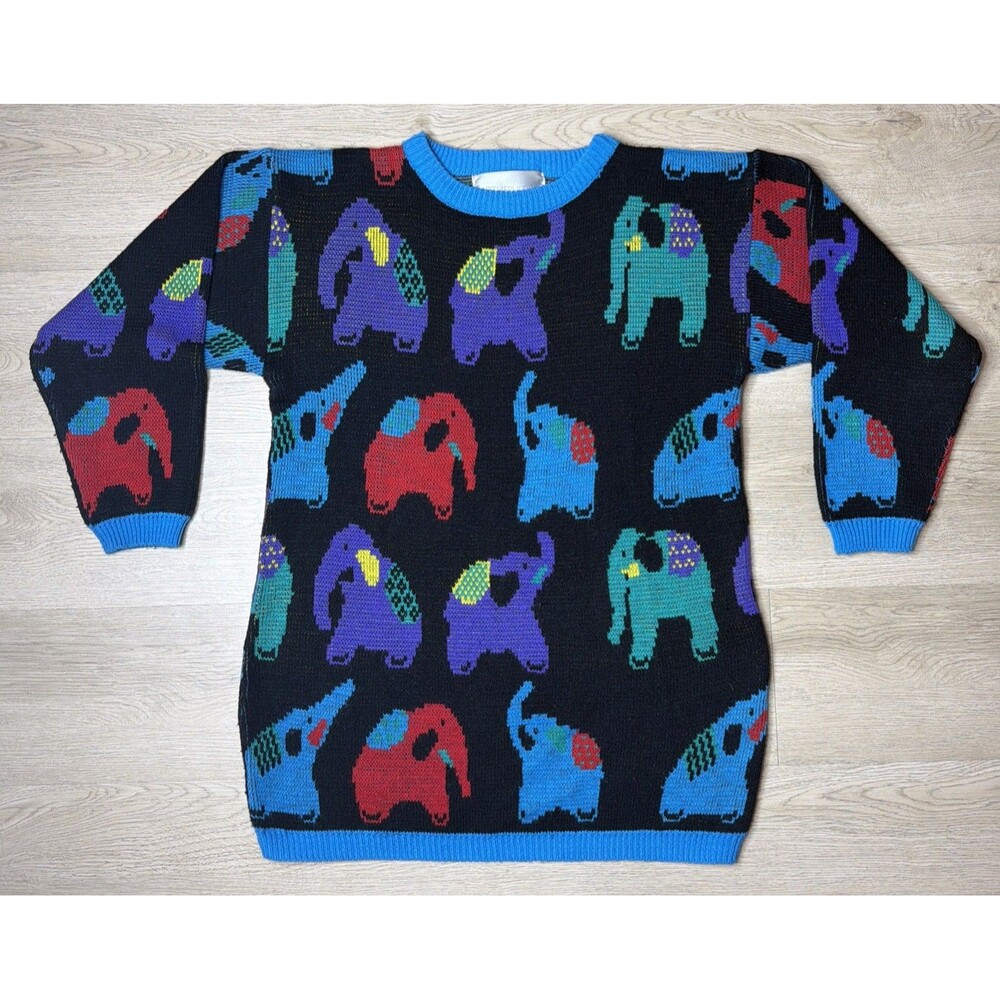 Vintage Motherhood Colorful Elephant Knit Sweater Size Small Black Crewneck Ugly